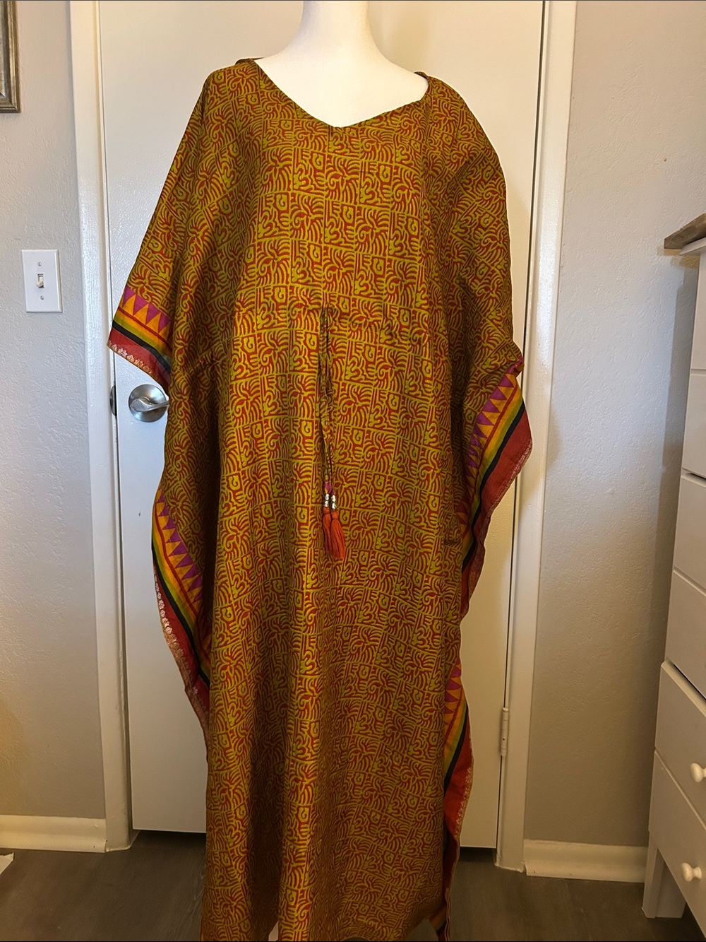 Elegant Mustard Maxi Kaftan Dress with Pink & Green Trim 100% silk